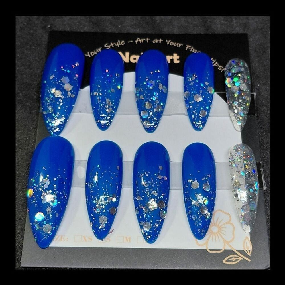 4/$40 ***Summer Sale***Handmade Gel Blue and Silver Glitter Press-On Nails
